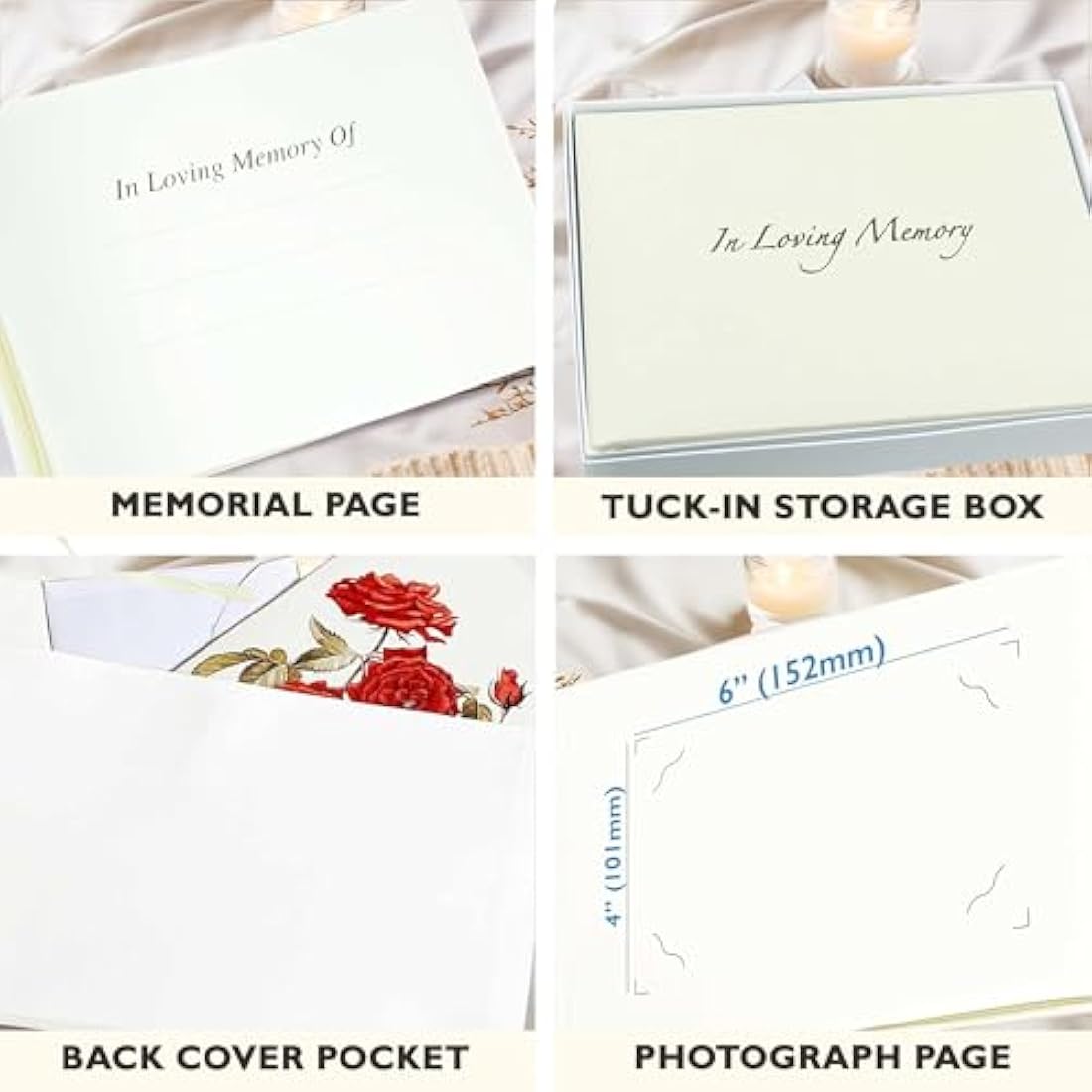 in Loving Memory Condolence Book - 96 Pages with Silver Gilt Pages & Storage Box - Hardcover Memorial Guest Book with 1152 Message Lines & Keepsake Pocket - for Funeral Services (White, 218x160mm)