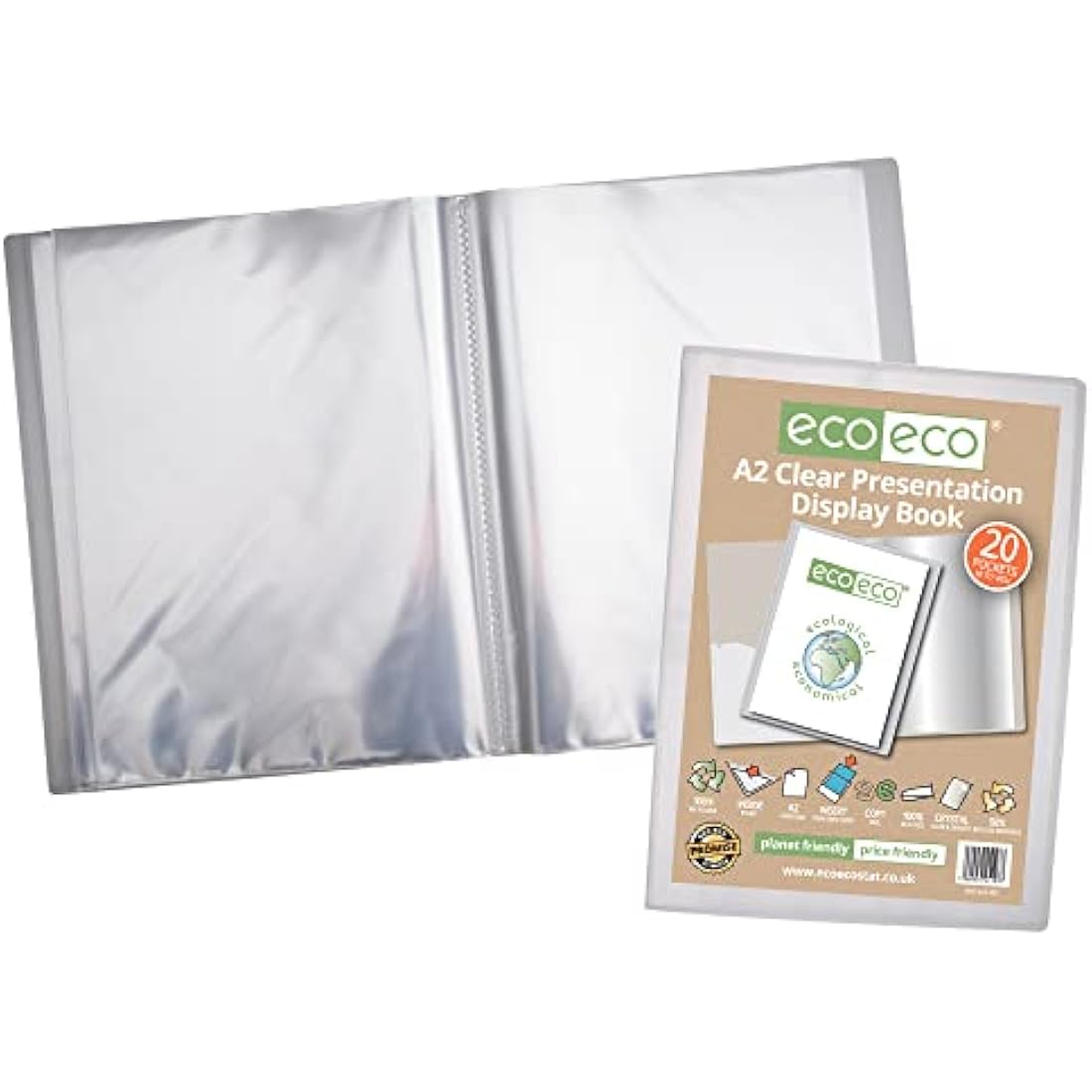 eco-eco A2 Size 50% Recycled 20 Pocket Clear Presentation Display Book, Storage Case Portfolio Art Folder with Plastic Sleeves, eco103
