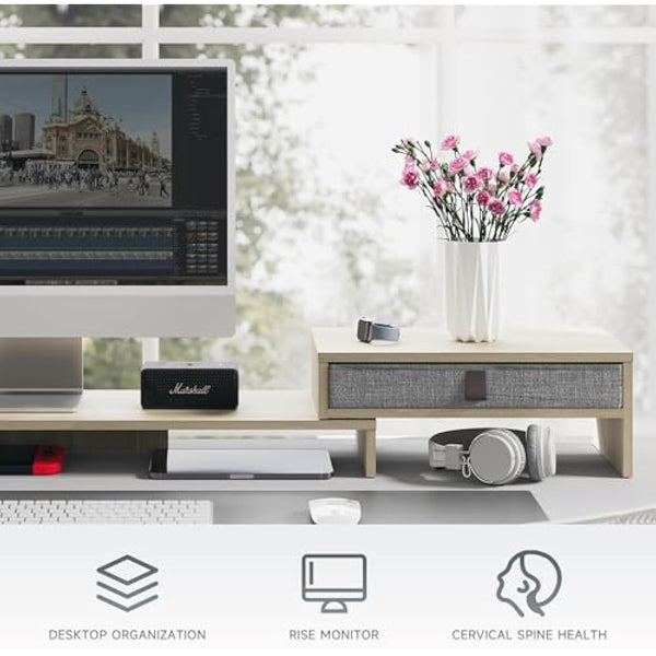 Fenge Dual Monitor Stand With Drawer - 2 Shelf Riser With Adjustable Length and Angle, Wood Stand for 2 Monitors, Laptop PC, Computer, Printer, Desktop Organizer, Oak