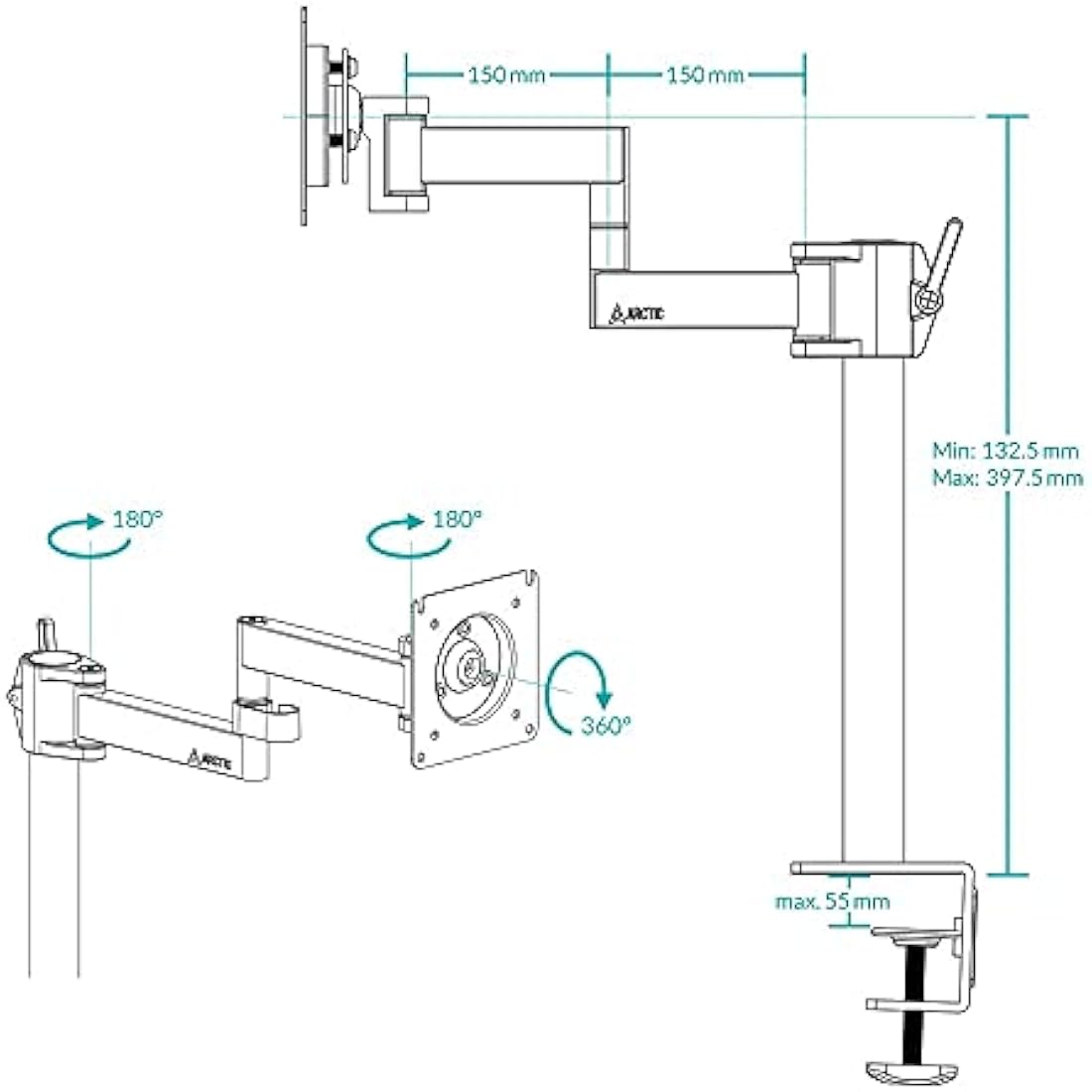 ARCTIC X1 - Monitor arm for one monitor, Monitor stand for up to 40"/43" Ultrawide, up to 10 kg/22 Ibs, Tiltable, Swivelable, Height adjustable, VESA 75x75/100x100 - Black