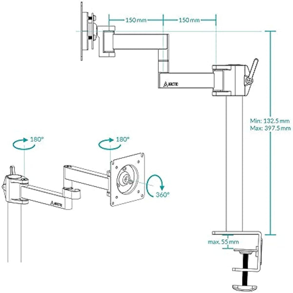 ARCTIC X1 - Monitor arm for one monitor, Monitor stand for up to 40"/43" Ultrawide, up to 10 kg/22 Ibs, Tiltable, Swivelable, Height adjustable, VESA 75x75/100x100 - Black