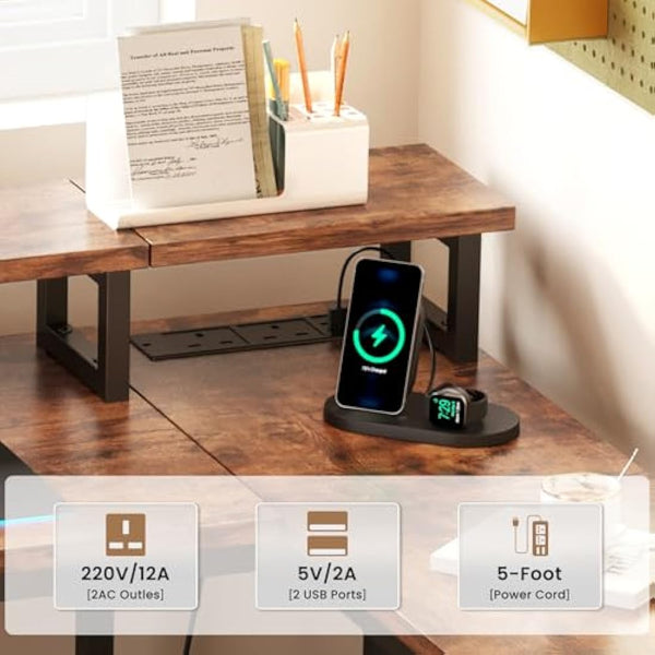 Dripex L Shaped Desk with Power Outlet Corner Computer Desk with Storage Shelves & Fabric Drawer, Study Writing Table Gaming Desk for Home Office L120xW80xH88cm