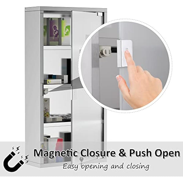 HOMCOM 4 Tier Stainless Steel Wall Mounted Medicine Cabinet Glass Lockable Door Storage Shelves Houseware Bathroom Furniture 60Hx30Wx12D(cm) w/2 Keys