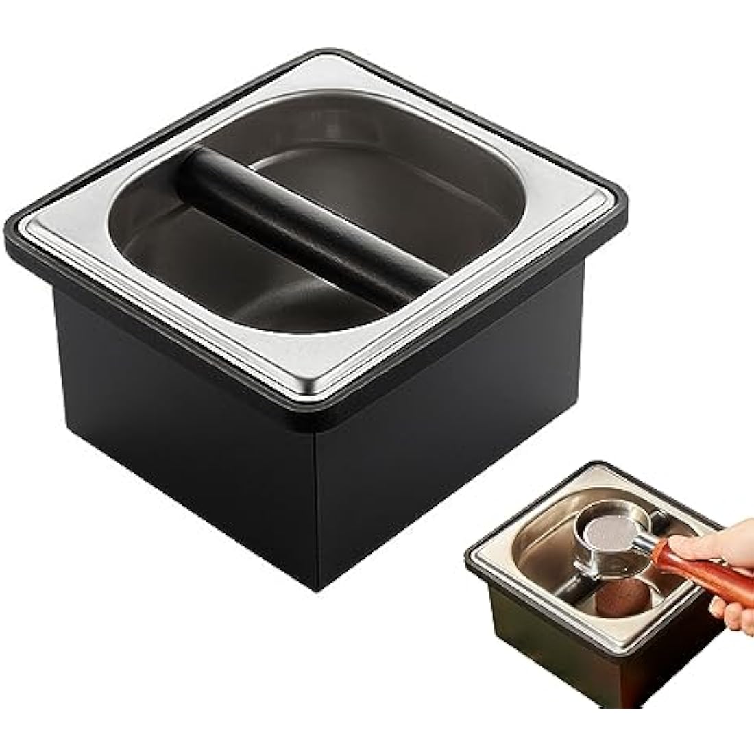 Gocoffun Espresso Coffee Knock Box, Stainless Steel Coffee Pucks Container, with Noise Reduction Rubber Ring,Silicone Bar for Knocking Portafilter Filter Grinds