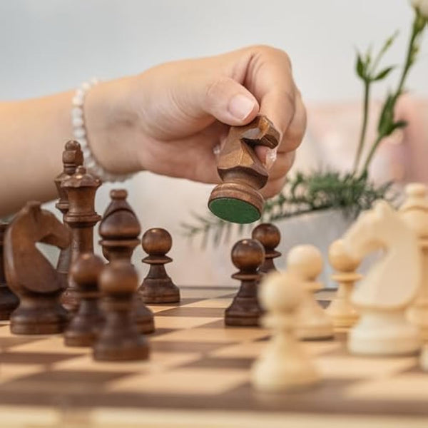 A&A 15" Magnetic Wooden Chess Set/Folding Board / 3" King Height German Knight Staunton Chess Pieces/Walnut & Maple Inlaid /2 Extra Queen