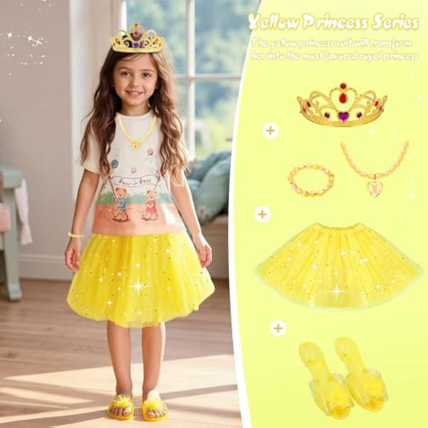 Princess Dress Up Shoes - Girls Princess Toys Costume with 3 Crowns Tiaras, 3 Pairs of Play Shoes, 3 Skirts Princess Accessories for Girls Birthday Gifts for Kids