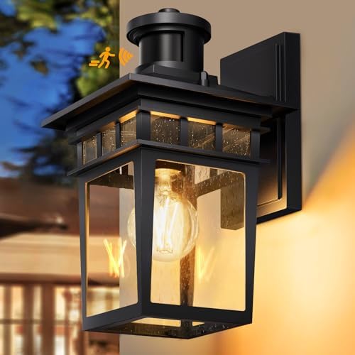 APOTO Motion Sensor Outdoor Lights, Dusk to Dawn Exterior Wall Light 3 Modes, Porch Light Fixture for House, Waterproof Aluminum Anti-Rust Lantern for Garage Entryway, Motion Activated, E27 Bulb Base