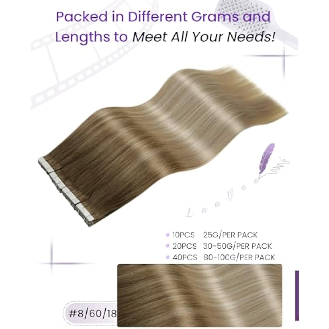 LaaVoo Tape in Hair Extensions Human Hair Blonde Tape Hair Extensions Real Human Hair Invisible Tapes Remy Straight Balayage Brown to Blonde Hair Double Sided Tabs 20pcs 50g 14 Inch #8/18/60