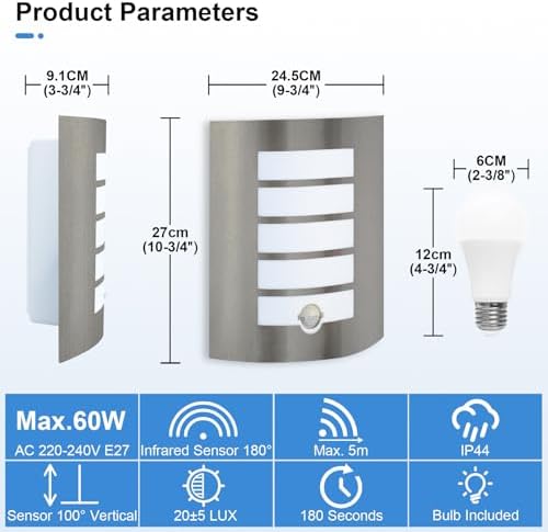 Allesgute Outdoor Wall Lights with PIR Motion Sensor, Curved Outside Lights Mains Powered Stainless Steel IP44 Waterproof Wall Lamp Incl. 1x 12W E27 Bulbs Cool White 6000K