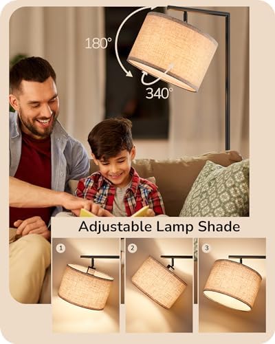 EDISHINE LED Floor Lamp, 63" Standing Lamp with Adjustable Linen Shade, Black Metal Light Pole, Modern Floor Lamps for Living Room, Lounge, Foot-Switch Control, E27 Socket, UKCA Listed