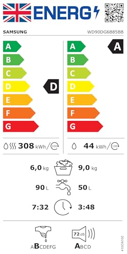 Samsung Series 6 Washer Dryer, AI Energy, Wi-Fi enabled, 9/6kg 1400rpm, White,WD90DG6B85BEU1