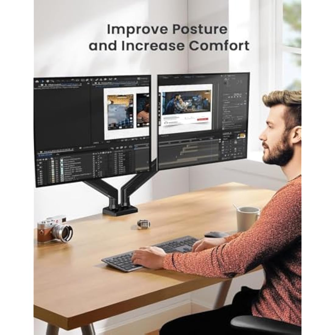 ErGear Dual Monitor Arm Desk Mount for 17 to 32 Inch Screens, Dual Stand for Curved Flat Screens, Double Monitor Arm Support VESA 75/100 mm