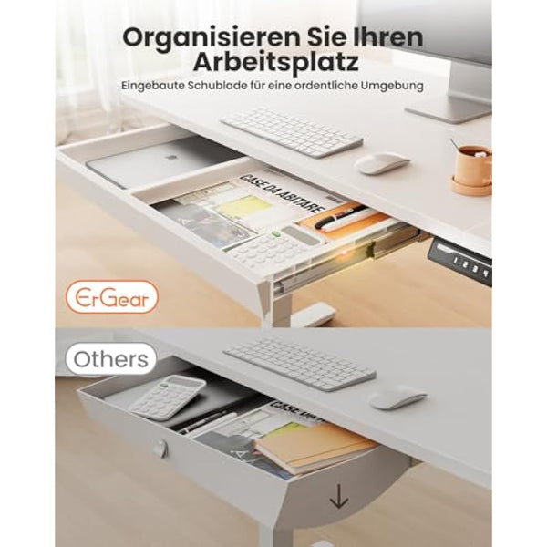 ErGear Electric Standing Desk 140 x 80 cm, Height Adjustable Desk, Sit Stand Table with Easy-Glide Drawer & 4 Memory Smart Pannal, T-Leg Design for Stability, Splice Board, White Frame & Surface