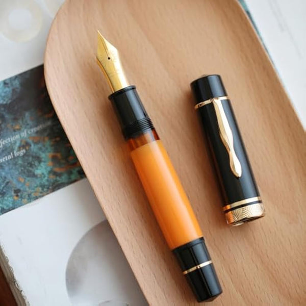 erofa Majohn P139#8 Medium Nib Fountain Pen with Box, Brass Piston System Large Capacity Writing Pen, Black Yellow