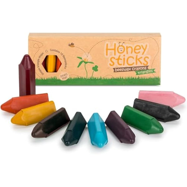 Honeysticks Triangular Crayons - 100% Pure Beeswax, Food Grade Colours, Non Toxic Crayons for Baby, Toddlers Ages 1-3, 2-4, Triangle Shape for Pencil Grip Development, Handmade in New Zealand 10 Pack