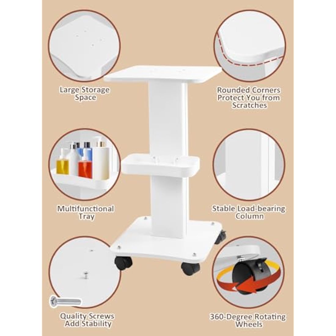 Kalolary Beauty Salon Trolley Cart, Aluminum Alloy Salon Spa Rolling Trolley Stand Mobile Cart with Wheel Beauty Instrument Storage Tray