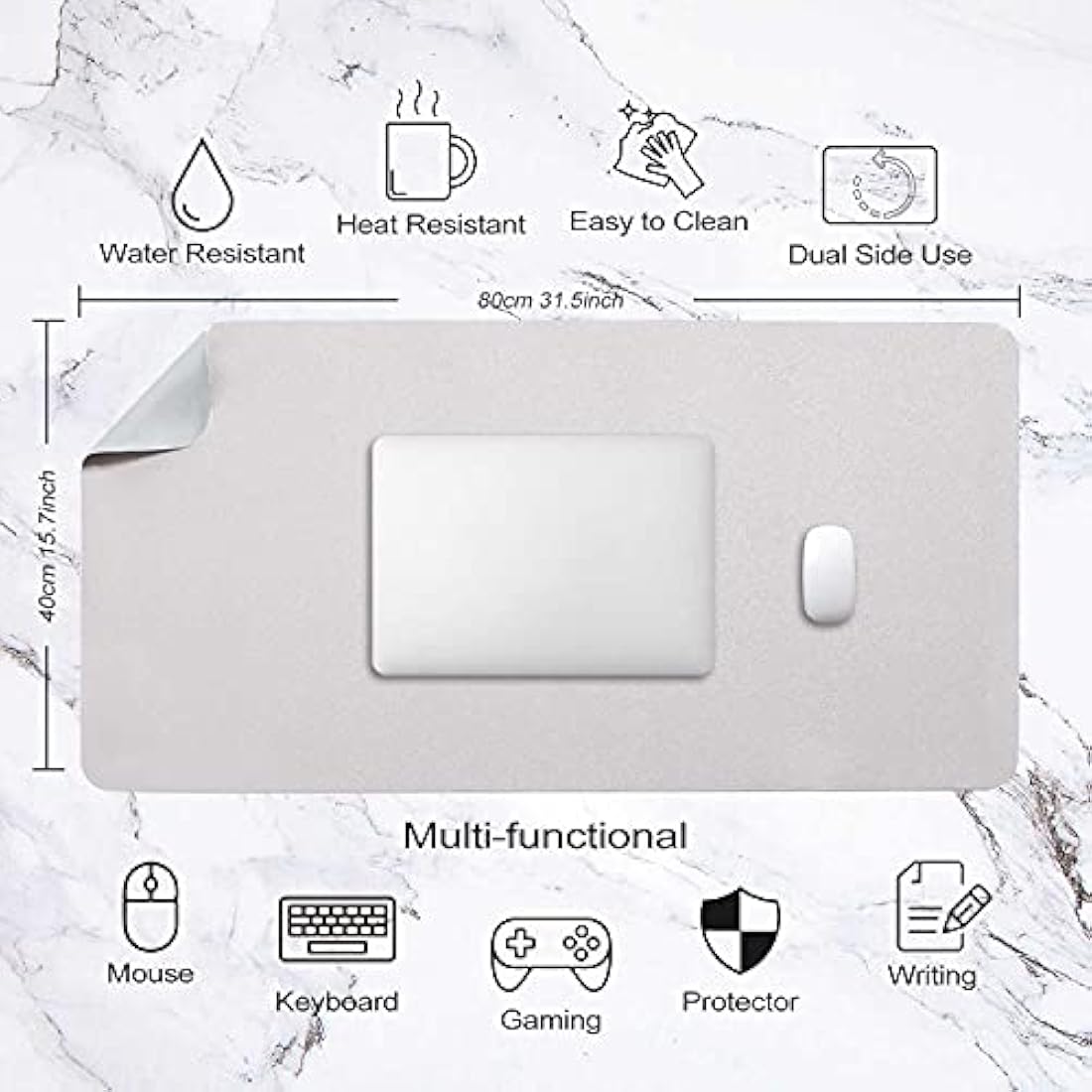 Desk Pad Large, Desk Mat, Extended Mouse Mat, Mouse Pad XL, Desk Blotter, DOBAOJIA Laptop Pad Writing Pad for Office/Home, Dual-Side Use PU Leather Waterproof 31.5" X 15.7" (Light Gray/Silver)