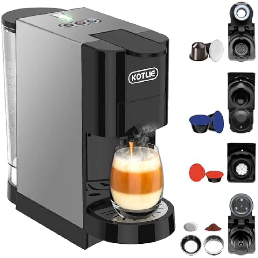5 in 1 Espresso Single Serve Coffee Machine for Nespresso Original/Dolce Gusto/Mio/L’OR/Ground Capsule and ESE Coffee Pods,19Bar Multi-Capsule Coffee Machine (AC-513HF) (BLACK-HF)