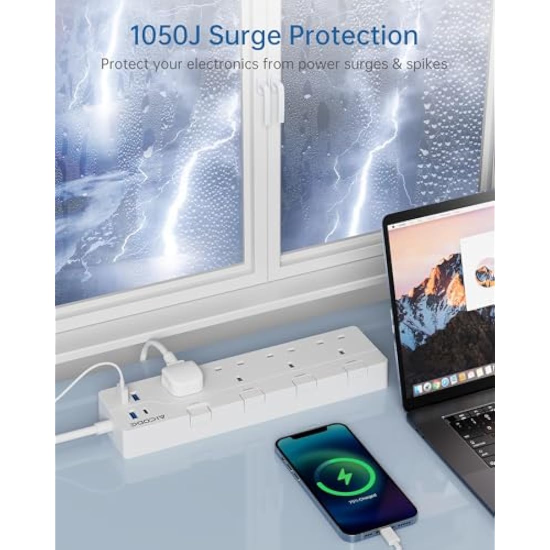 AICODE 4-Way Extension Lead With USB Slots, Surge Protected, 1.5M Extension Cable, Individual Switches, 1 USB C & 3 USB A Ports, Multi Plug Adapter Socket, Wall Mount for Home, Office White