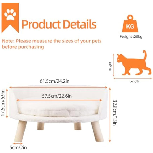 BingoPaw Cat Sofa Chair Bed: Elevated Nordic Pet Stool Bed with Removable Waterproof Mat - Raised Plush Fur Dog Kitten Couch with Wooden Legs Frame (Dia 60cm)