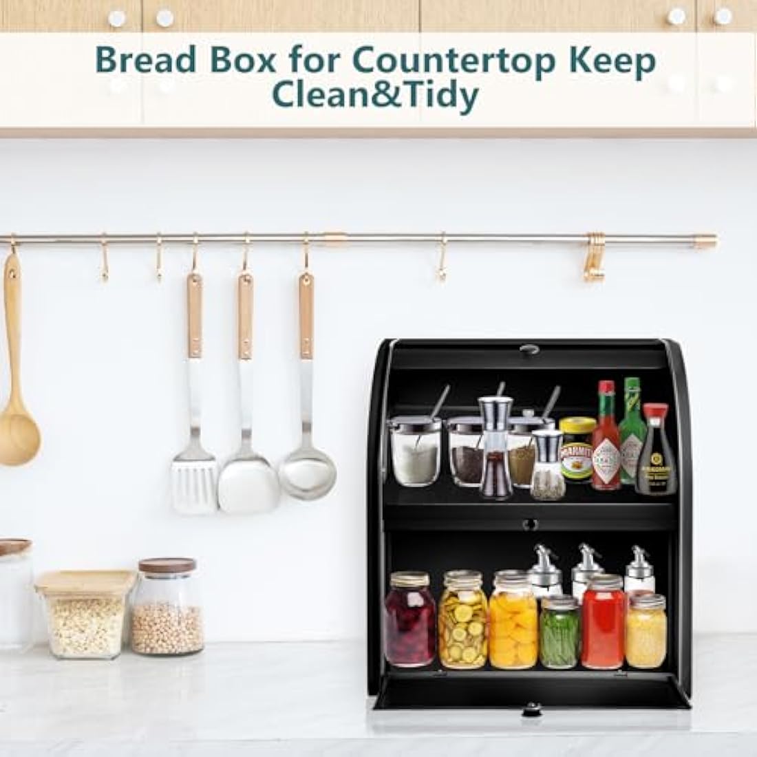 Dyserbuy 2-Layer Bread Bin, Bread Bins for Kitchen, Large Bread Box with Roll Top Lid, Metal Bread Container, Storage Bin for Fresh Loaves, Cookies, Pastries 30 x 25 x 33 cm (Black)