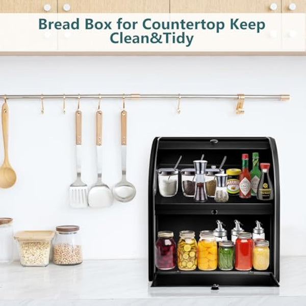 Dyserbuy 2-Layer Bread Bin, Bread Bins for Kitchen, Large Bread Box with Roll Top Lid, Metal Bread Container, Storage Bin for Fresh Loaves, Cookies, Pastries 30 x 25 x 33 cm (Black)