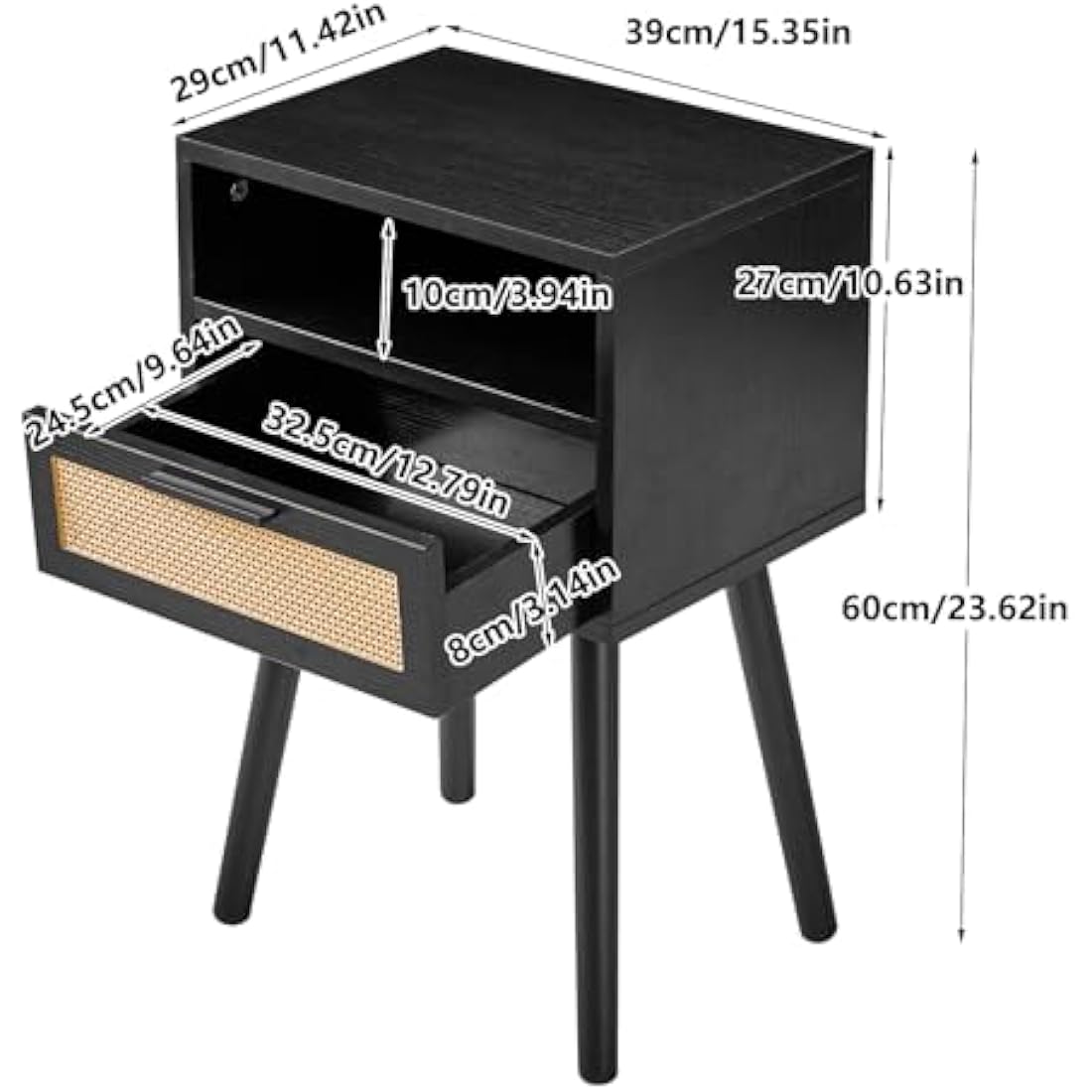 IBUYKE Rattan Nightstand, Boho Side Table with Drawer Open Shelf, Wood Accent Bedside Table, End Table with Legs for Bedroom, Living Room and Small Spaces, Black WNS009B