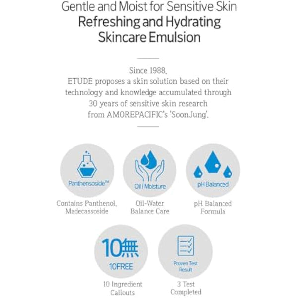 ETUDE Soonjung 10 Free Moist Emulsion Hypoallergenic Non Irritating Hydrating Emulsion For Skin Damage Care And Relaxation Korean Skin Care 4.39 Ounce (Pack Of 1)