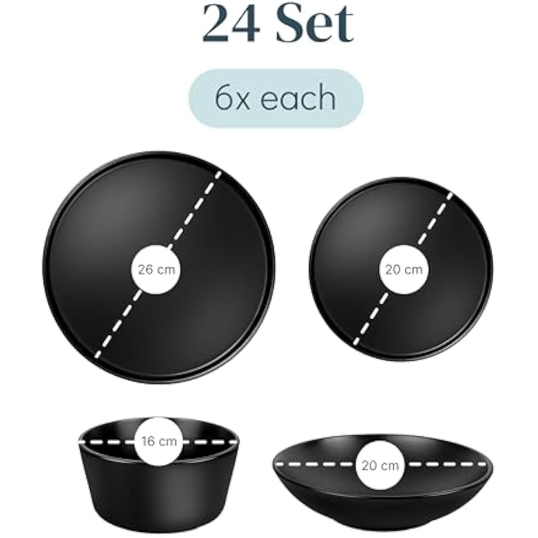 24 Piece Black Dinner Sets for 6 People - Cool Urban Style Stoneware Dinner Set for 6 - Dishwasher & Microwave Safe Plates and Bowls Set for 6 - Dinnerware Sets by Pure Living in Matte Black