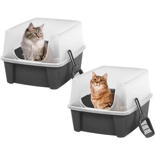 Iris Ohyama Cat Litter Tray with Scoop, Set of 2, Grey, Easy to Clean, Cat Litter Box, Detachable Spill Preventing Walls, For Kittens, Adult Cats, Rabbits, BPA Free, Open Top, Modern, CLH-12