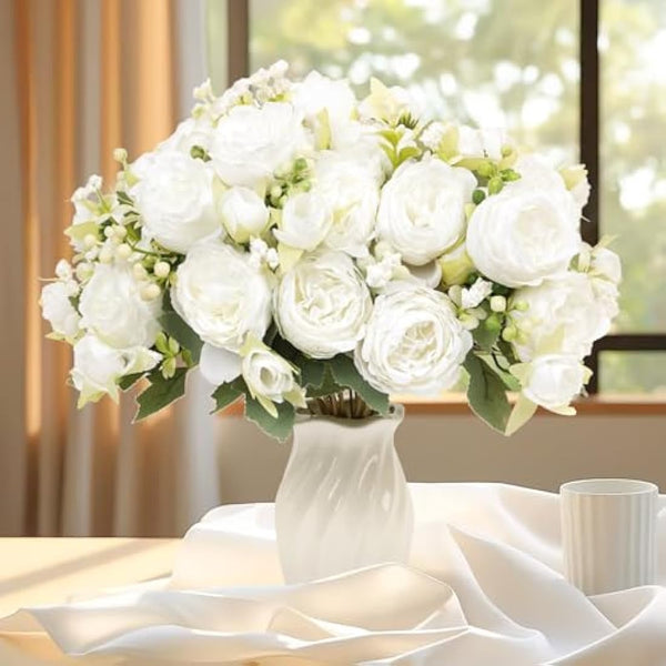 FADACHY 4 Bunches White Real Touch Silk Peonies Artificial Flowers - Lifelike Wedding & Home Table Decor, Garden Centerpieces & Indoor/Outdoor Arrangements