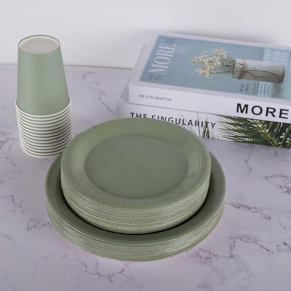 Green Paper Plates Napkins Cups Set, CEILIWEN 250PCS Sage Green Party Tableware, Green Party Supplies Include 9'' Paper Plate, 7'' Dessert Plate, Napkins, Cups, Straws, for 50 Guest