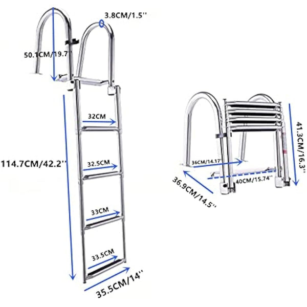 KAOLALI Boat Ladder 4 Steps, Pontoon Boat Ladder Foldable Stainless Steel Marine Rear Entry Telescoping Ladder with Wide Steps Swim Deck Ladder with Pedal Hand Railing Lad Capacity 200 kg
