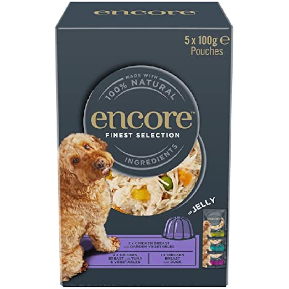 Encore Natural Wet Dog Food Pouches Finest Chicken Selection in Jelly, 5x100g Pouches