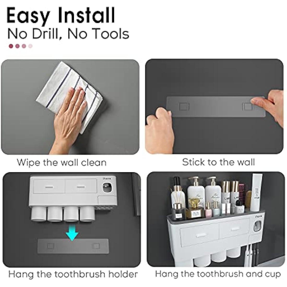 iHave Toothbrush Holders for Bathroom, 4 Cups Toothbrush Holder Wall Mounted with Toothpaste Dispenser - Large Capacity Tray, 2 Cosmetic Drawer - Bathroom Storage & Organisation