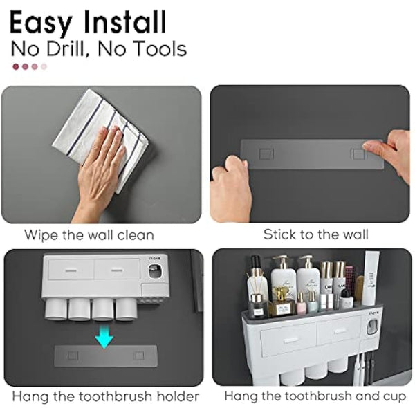 iHave Toothbrush Holders for Bathroom, 4 Cups Toothbrush Holder Wall Mounted with Toothpaste Dispenser - Large Capacity Tray, 2 Cosmetic Drawer - Bathroom Storage & Organisation