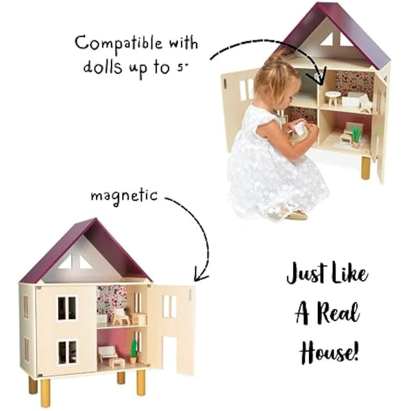 Janod - Twist Wooden Dollhouse - 11 Wood Accessories - Doll Furniture - Magnetic Doors - FSC Wooden Toy - 3 Years +, J06617