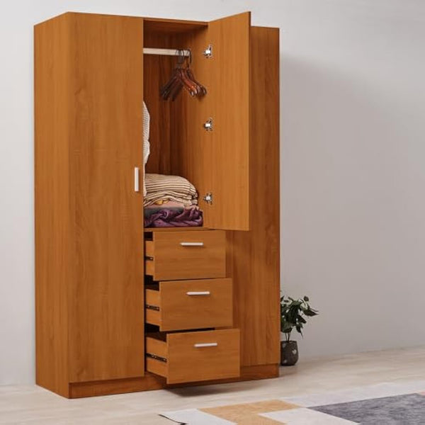 3 Door 3 Drawer Wardrobe, Modern Solid Pine Wood Wardrobe with Hanging Rail Living Bedroom Furniture (Oak)