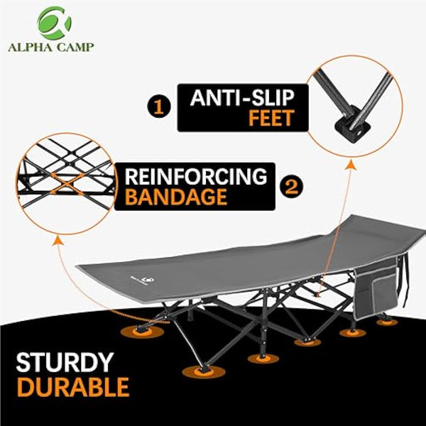 ALPHA CAMP Camping Bed for Adults Folding Camp Bed Heavy Duty Camping Beds Up to 280 kg Portable Camping Cot with Carry Bag for Outdoor Travel Fishing Office, Grey