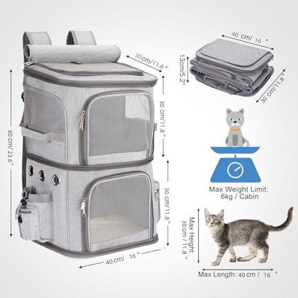 FASNATI Double-Compartment Pet Carrier Backpack, Cat Carrier Backpack for 2 Cats, Small Dogs, Perfect for Traveling/Hiking/Camping, Grey, XL