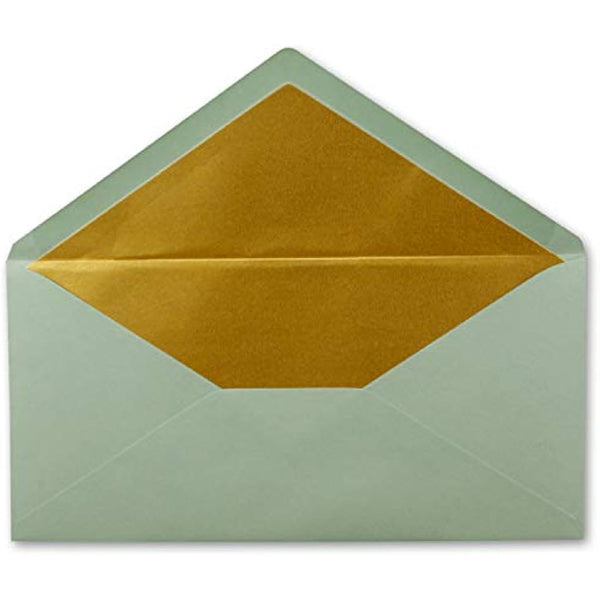 100 envelopes DIN long - Eucalyptus (green) with gold metallic inner lining - 110 x 220 mm - wet glue - festive envelopes for Christmas