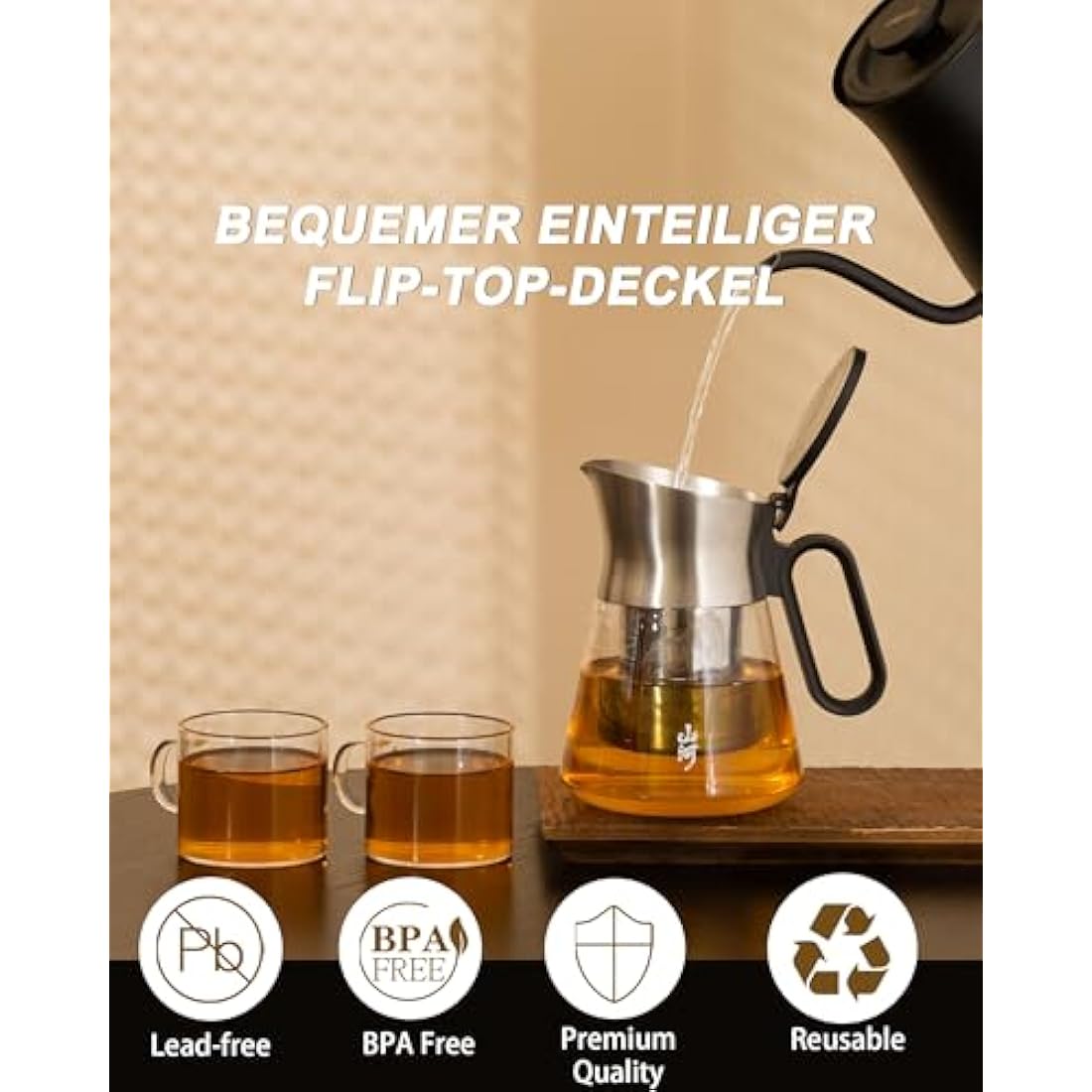 ZENS Glass Tea Infuser Teapot with 2 Cups, 680ML Small Loose Leaf Teapot with Stainless Steel Spout for Herbal Tea Diffusers, Design Oval Handle Clear Tea Infusers Pot for Tea Lovers Gifts