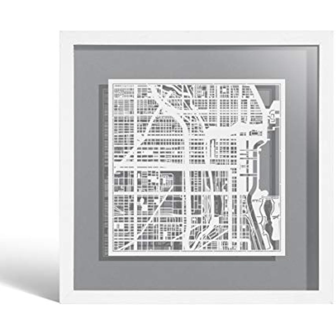 O3 DESIGN STUDIO Chicago Paper Cut Map framed, White map, White frame, 9x9 inches, Gift Boxed, 4 background color, self-changing, Paper Art