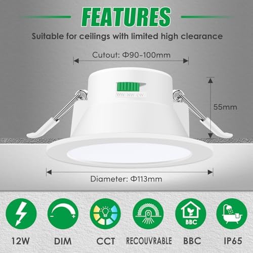 ALUSSO IP65 LED Downlights Ceiling Dimmable 12W 960LM LED Recessed Ceiling Spot Lights 3000K Warm 4000K Neutral 5700K Cool Adjustable Spotlights Ceiling Lights for Bathroom Kitchen, White, 6 Pack