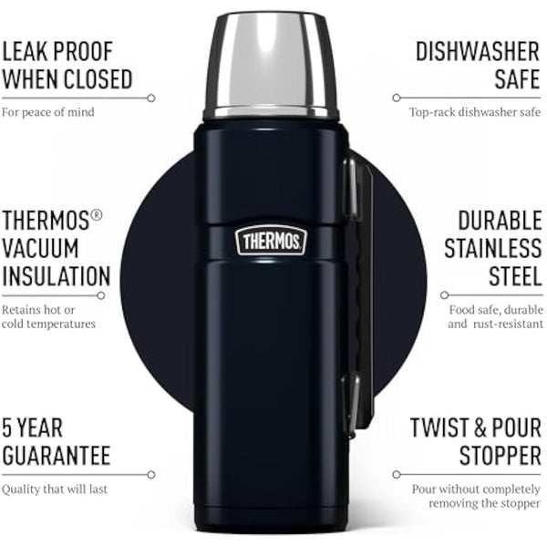 Thermos - Stainless King Midnight Blue Travel Flask (1.2L) Premium Leak Proof Insulated Tea & Coffee Flask, Hot & Cold Drinks, Built-in Cup, Twist-Pour Stopper, BPA-Free, Durable Steel Dishwasher Safe