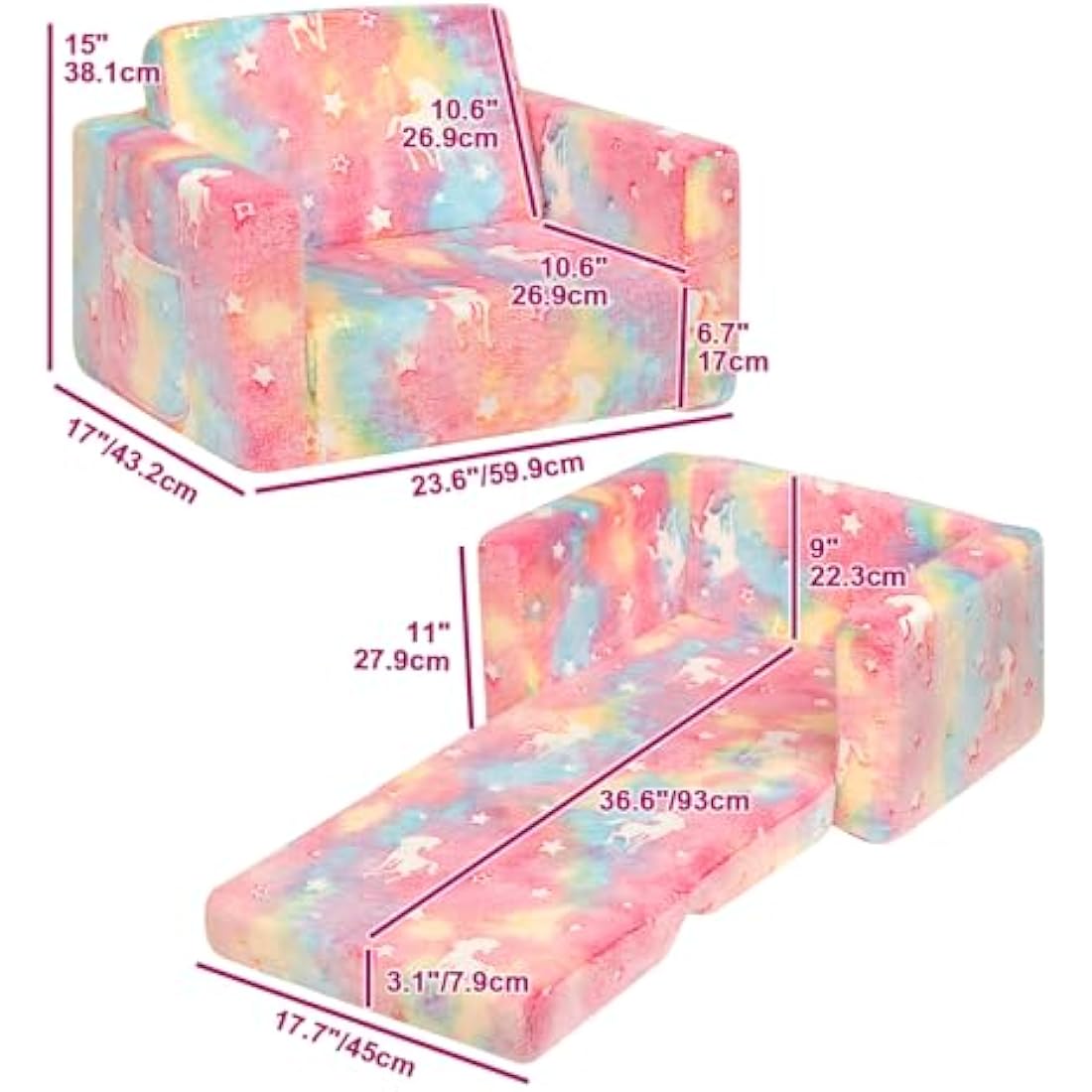 BEJOY Kids Sofa Bed 2-in-1 Flip Out Cuddly Flannel Toddler Couch Convertible Sofa to Lounger Children Sofa Bed Children's Day and Birthday Gift for Girls Boys, Candy Floss with Unicorns