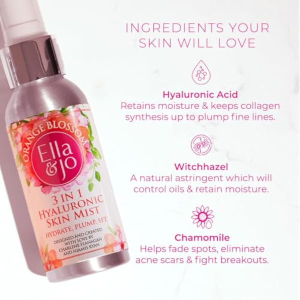 Ella & Jo 'Orange Blossom' 3 in1 Hyaluronic Skin Mist - Instant Hydration & Dewy Glow with Chamomile, Cucumber, Witchhazel, Aloe Vera & Green Tea Extract - Vegan, Cruelty-Free, Travel-Friendly 100ml