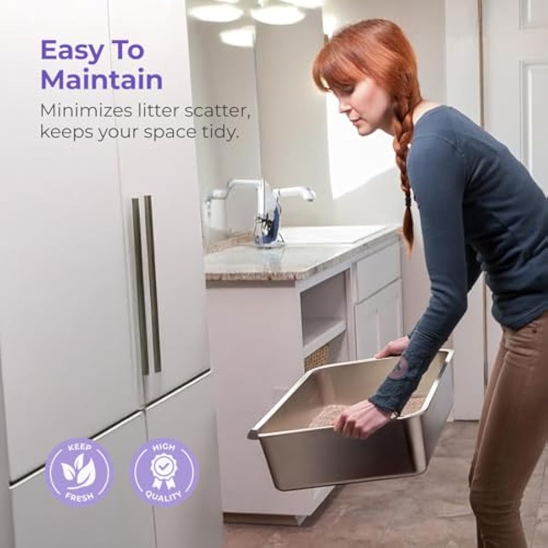 iPrimio Non-Stick Plated Stainless Steel XL Cat Litter Box - Extra Large High-Sided Litterbox for Big Cats - Never Absorbs Odor, Stains, or Rusts - Easy Cleaning Cat Litter Tray (1 Teflon-Coated Pan)