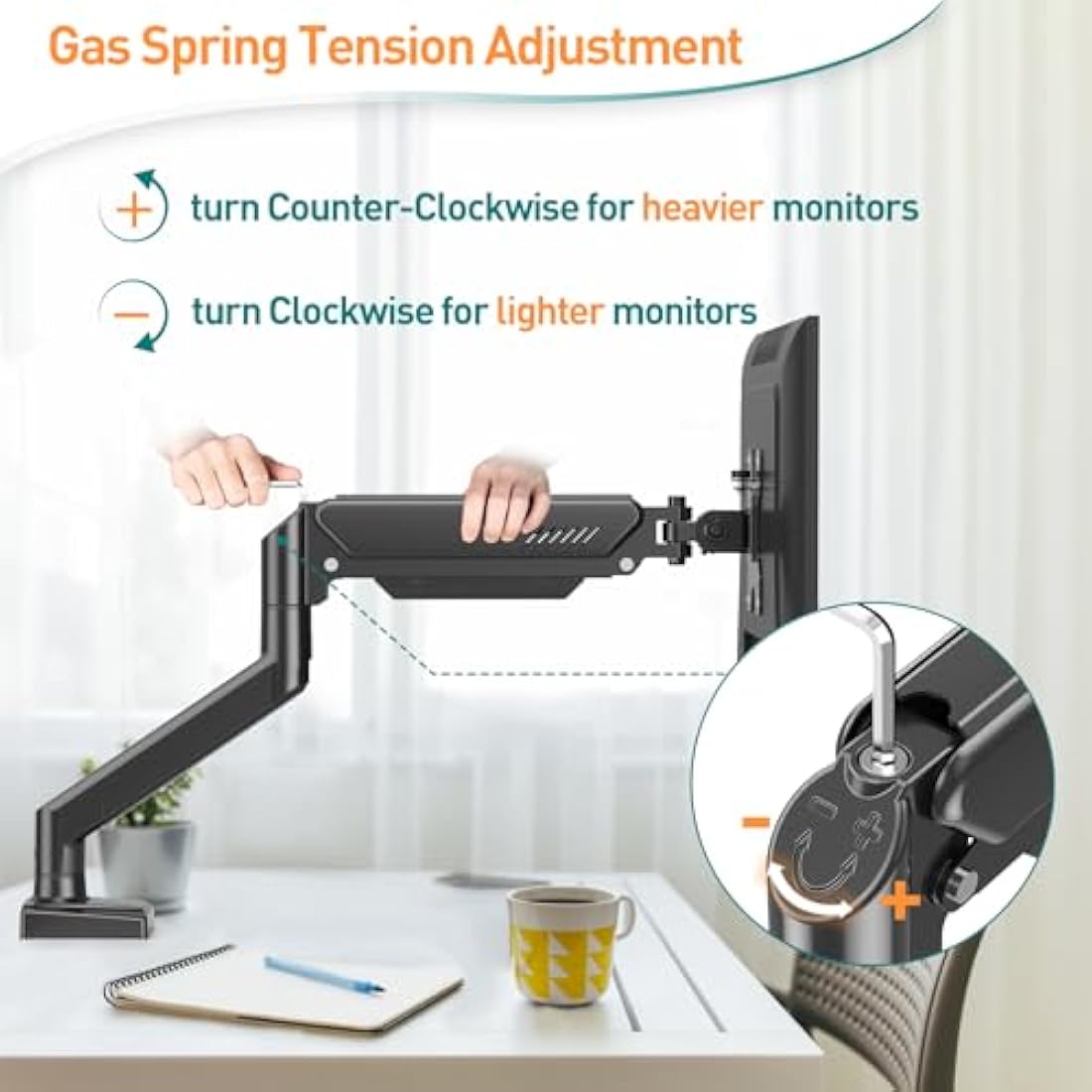 ELIVED Single Monitor Arm for Most 13-32 Inch Monitors with VESA 75x75/100x100mm up to 9KG, 360° Rotation Gas Spring Arm with C-Clamp and Grommet Base, Monitor Stand Mount EV004
