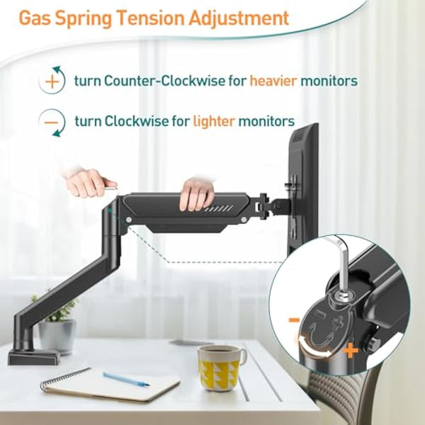 ELIVED Single Monitor Arm for Most 13-32 Inch Monitors with VESA 75x75/100x100mm up to 9KG, 360° Rotation Gas Spring Arm with C-Clamp and Grommet Base, Monitor Stand Mount EV004